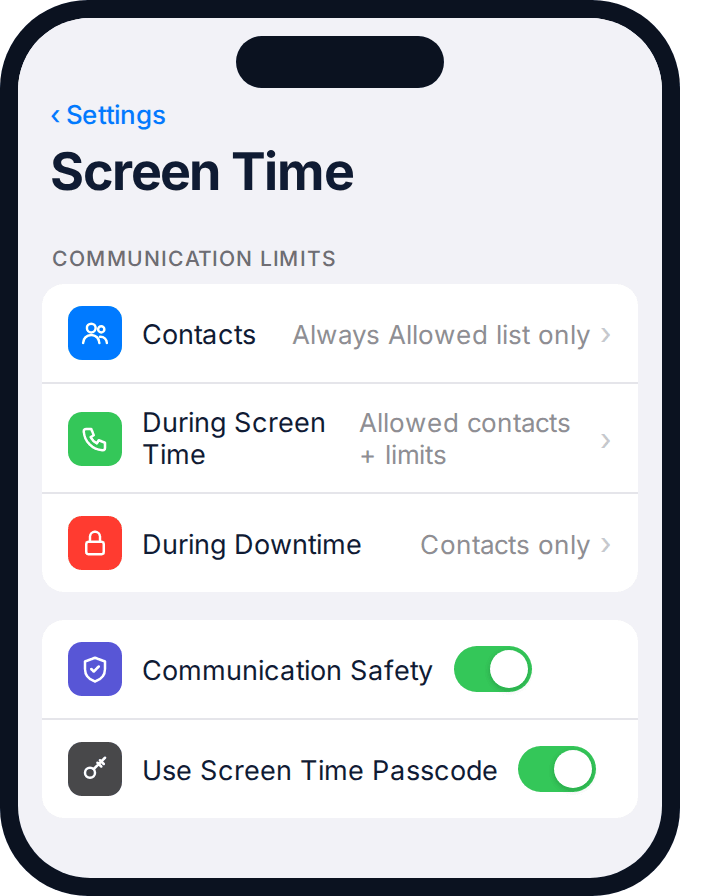 iPhone Screen Time settings showing Communication Limits restricting an unknown contact