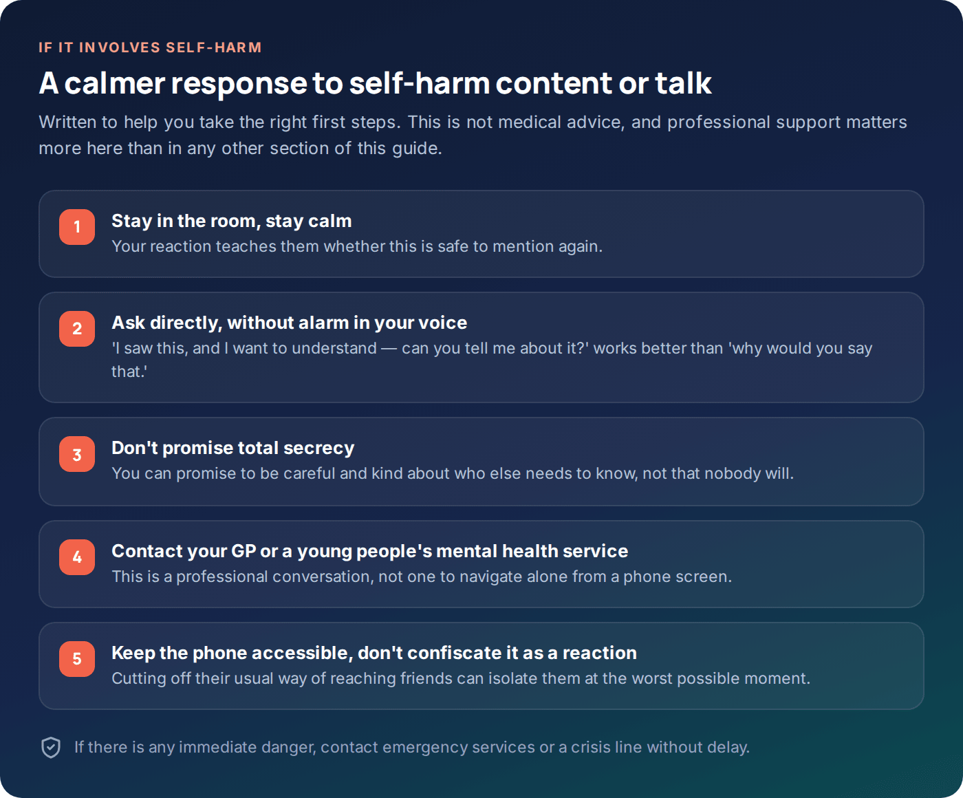 Checklist for responding calmly to self-harm content found on a child's phone