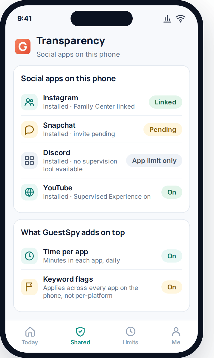 Child app screen listing which social platforms are linked to parental supervision tools