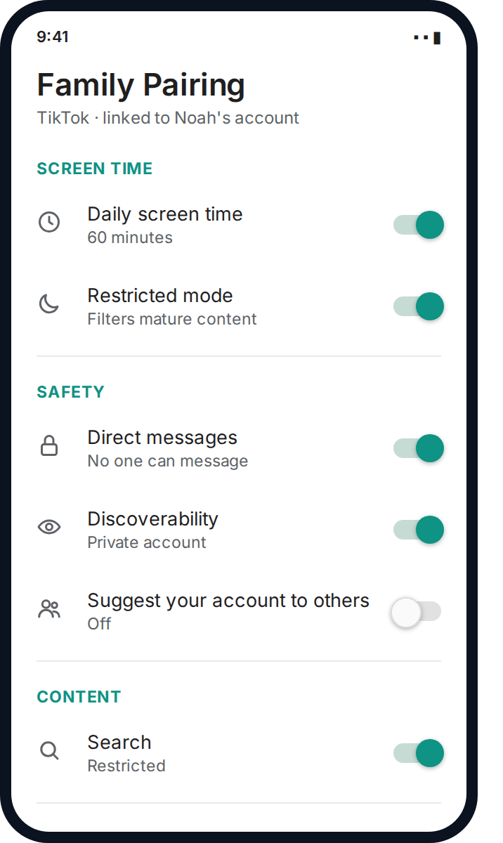 TikTok Family Pairing settings screen showing screen time and safety controls