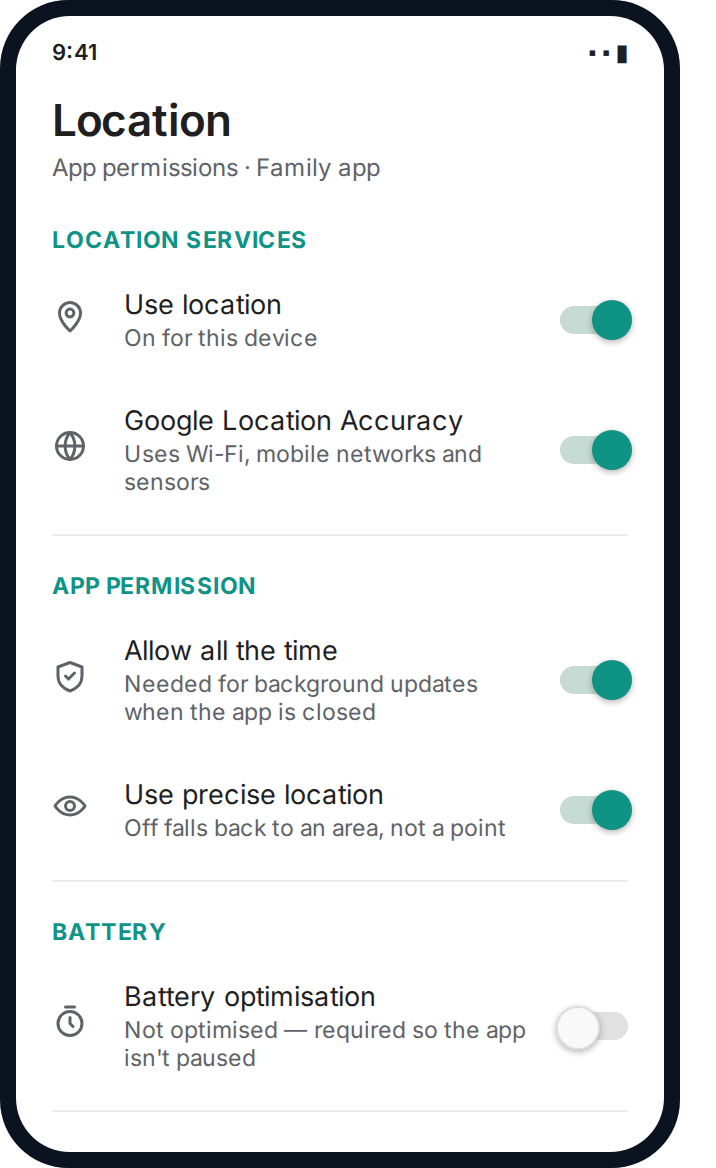 Android location settings showing precise location and background permission turned on