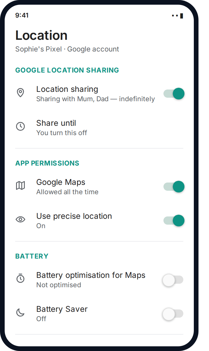 Android location settings showing Google Maps permission set to allow all the time