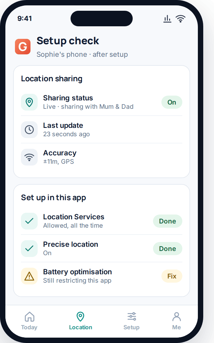 Phone screen after setup showing location sharing status and remaining settings to fix