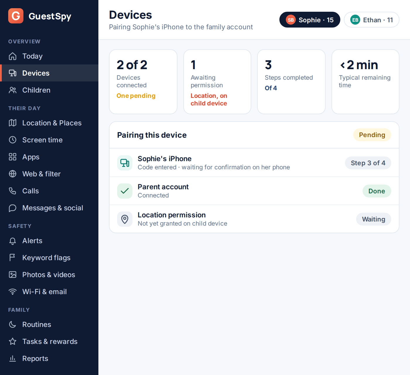 GuestSpy dashboard showing device pairing progress during setup