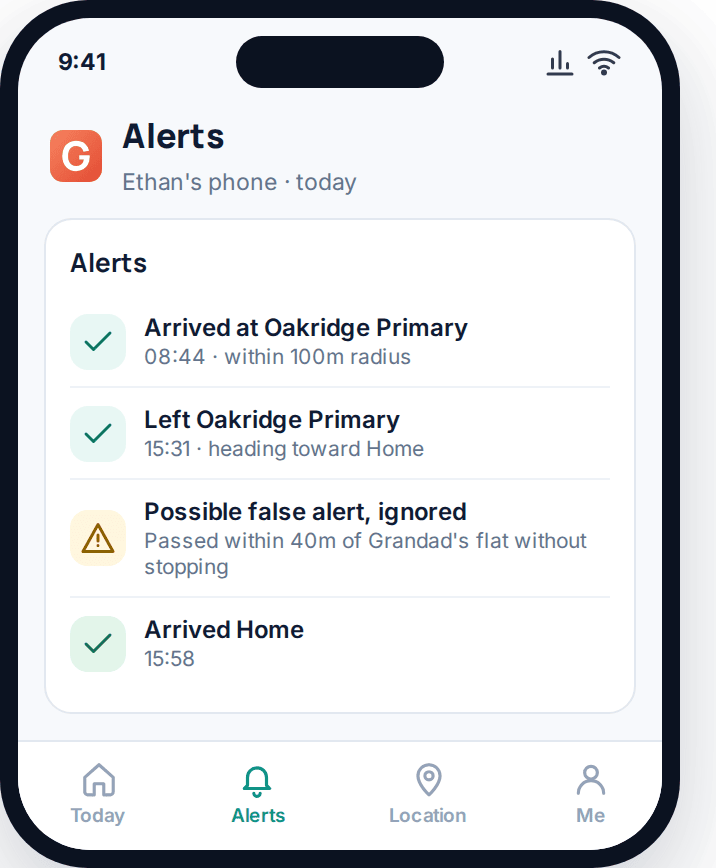 Phone alerts screen showing arrival, leave and a false alert that was correctly ignored