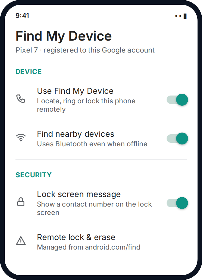 Android Find My Device settings showing location and offline finding switched on