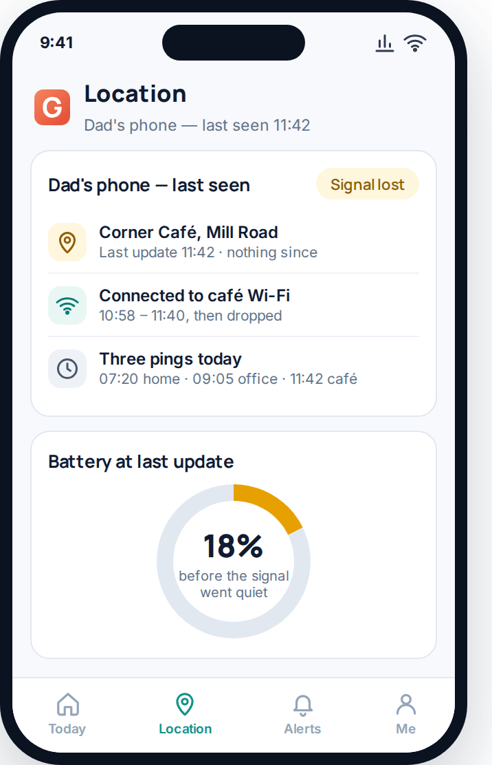GuestSpy family location screen showing a phone's last known location before it went offline