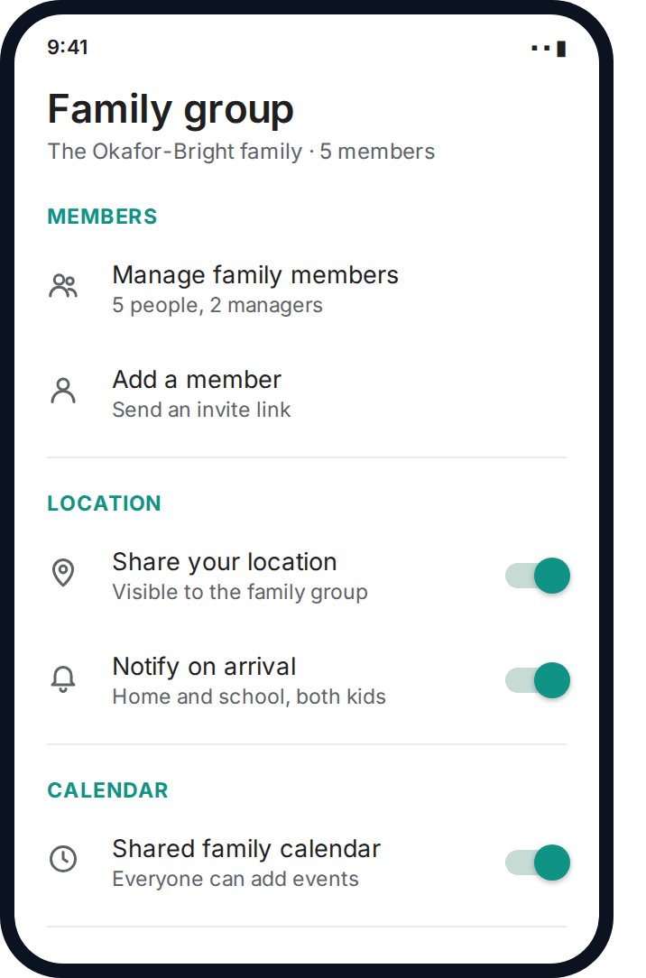 Android family group settings showing members, location sharing and a shared calendar