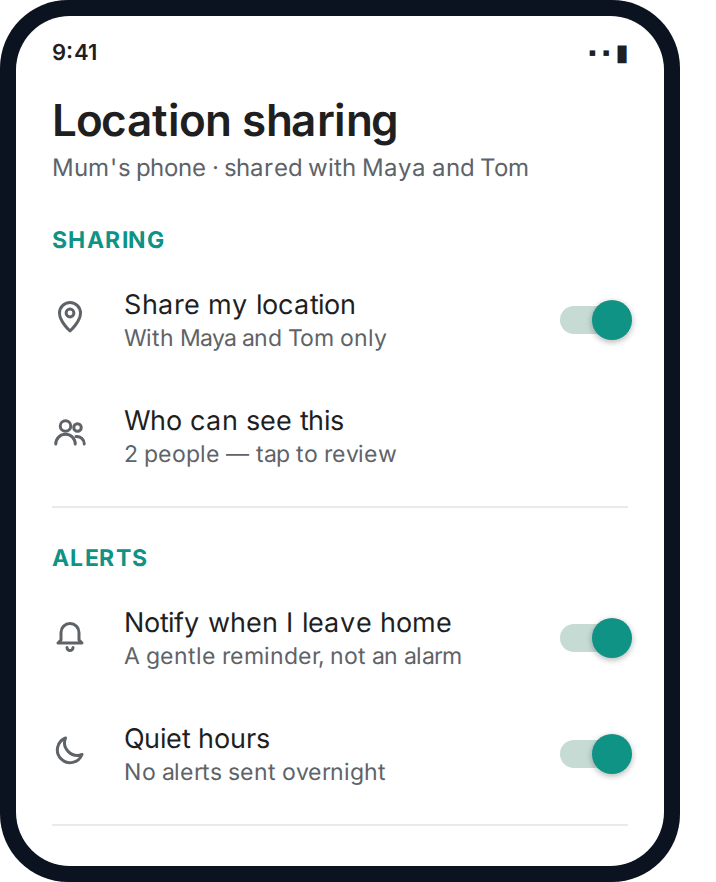 Android settings screen showing simplified location sharing set up for an elderly parent