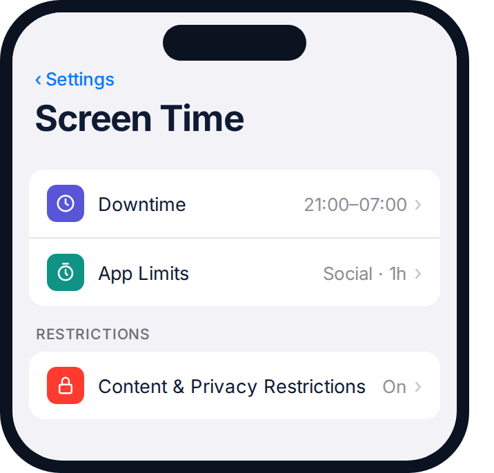iPhone Screen Time settings as an example of enforcing an age-appropriate bedtime