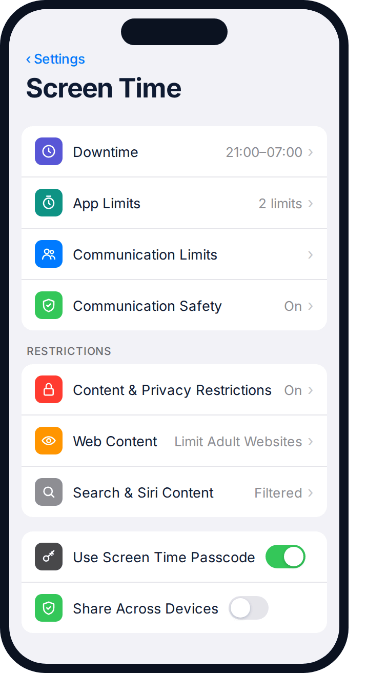 iPhone Screen Time main menu showing Downtime, App Limits, Communication Limits and Restrictions