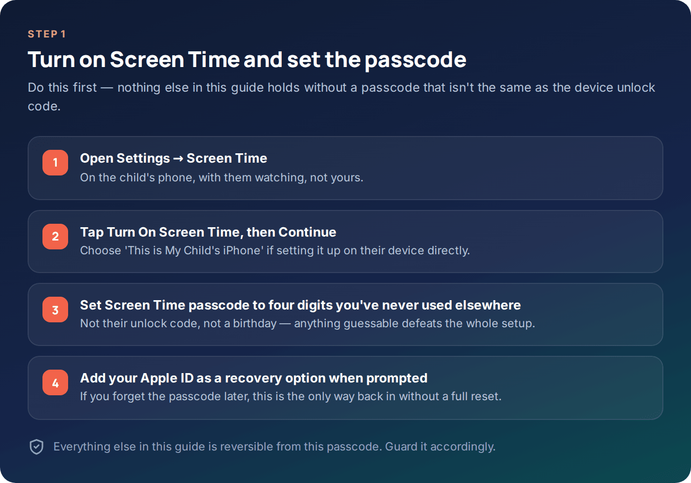 Checklist for turning on Screen Time and setting a secure passcode