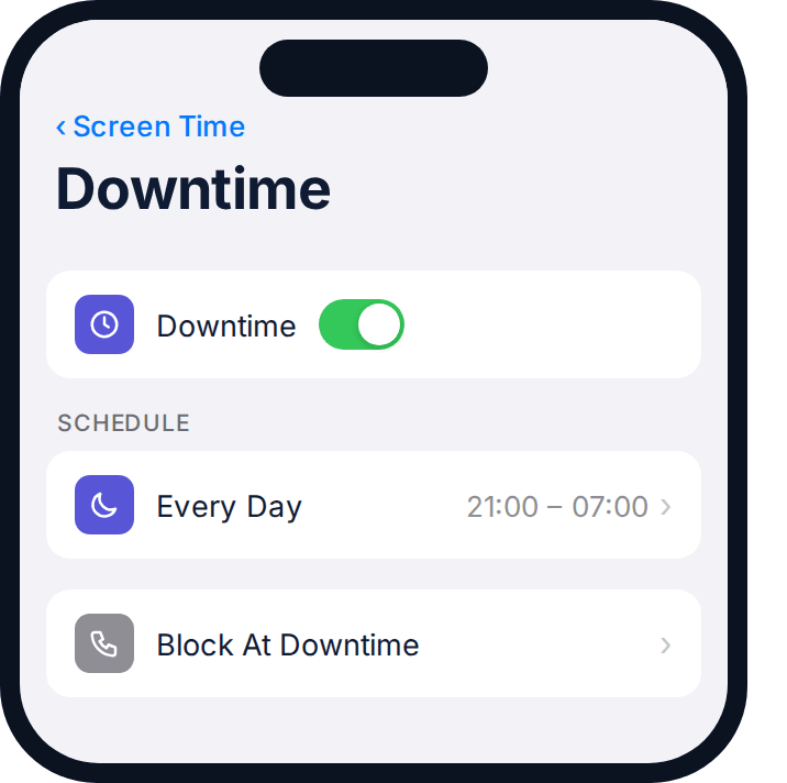 iPhone Downtime settings showing a scheduled bedtime window