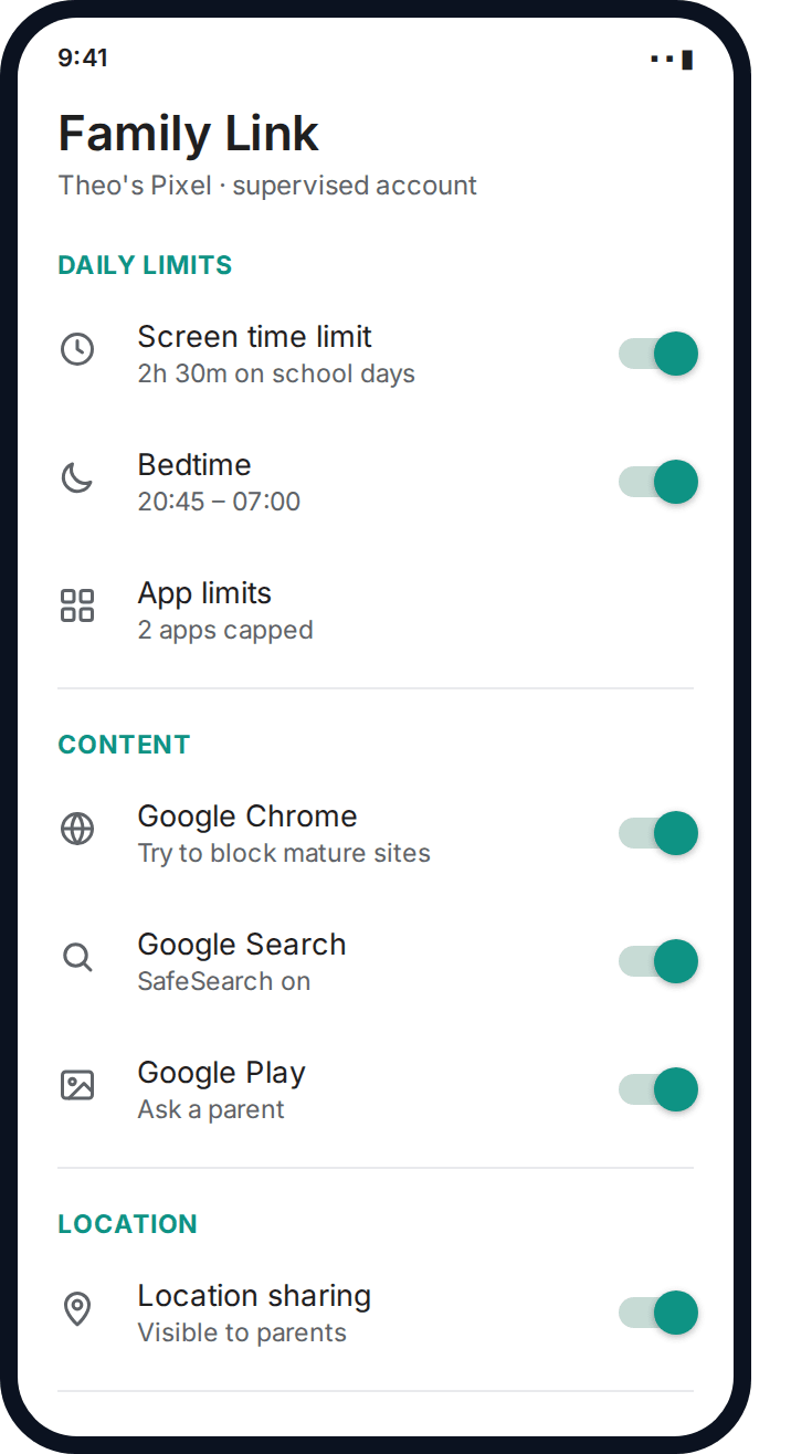 Google Family Link main settings screen showing daily limits, content filters and location