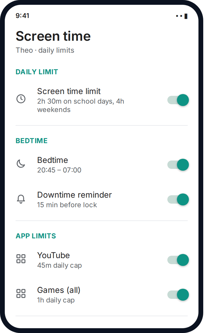 Google Family Link screen time settings showing daily limit, bedtime and per-app caps
