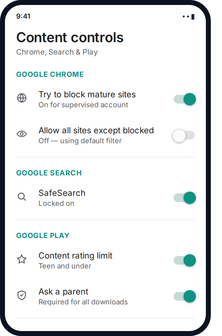 Google Family Link content settings for Chrome, Search and Play showing filters and rating limits