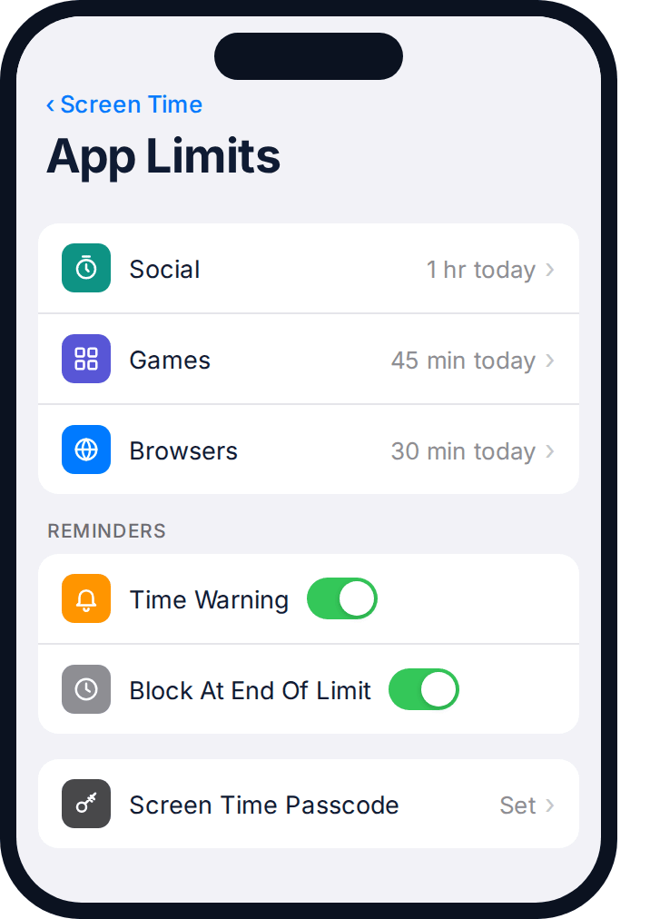 iPhone Screen Time App Limits screen showing category limits and a time warning
