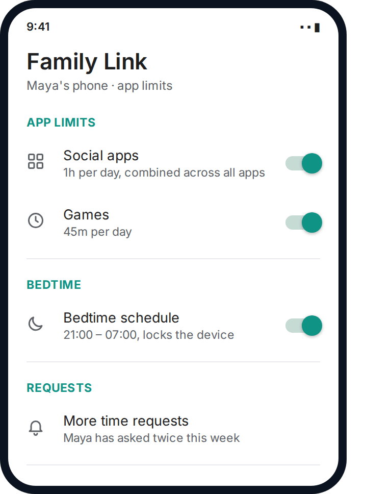 Android Family Link settings showing a combined category limit and pending time requests