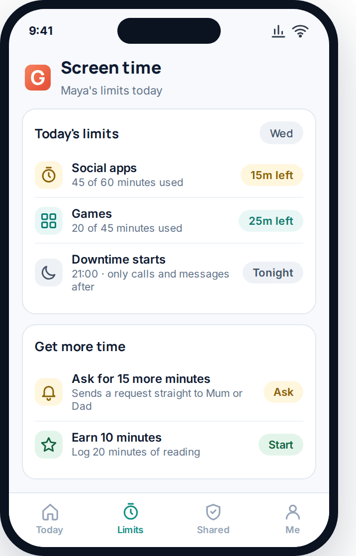 Child screen time app showing minutes remaining, a wind-down warning and ways to earn extra time