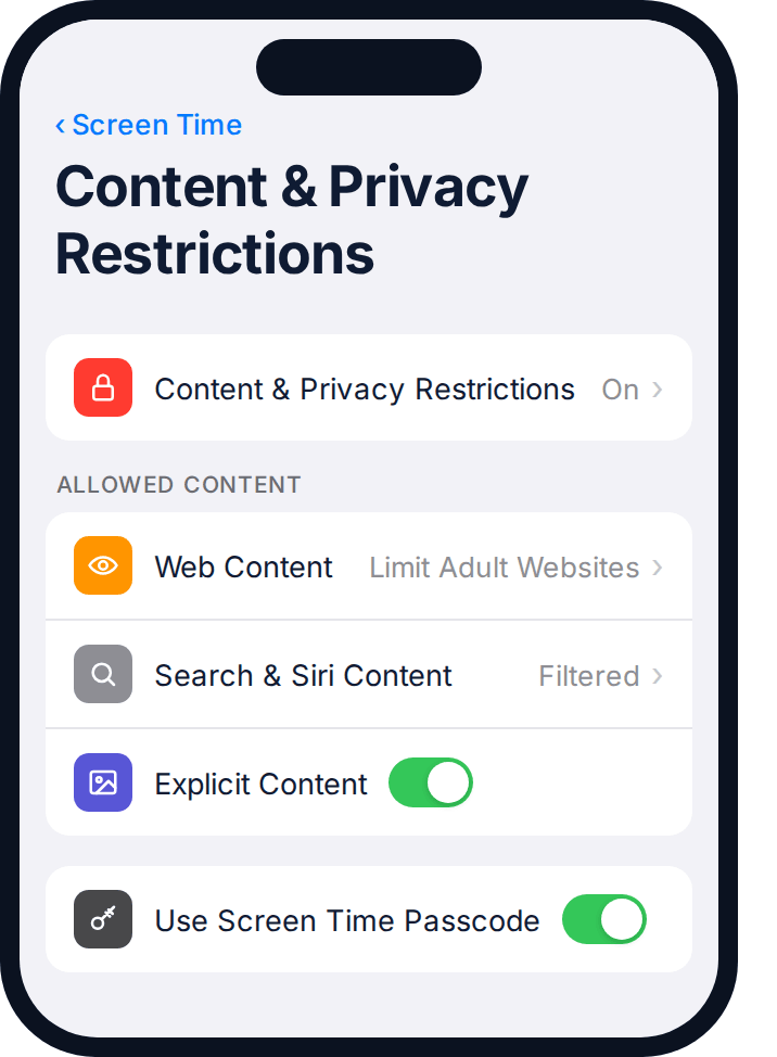 iOS Content and Privacy Restrictions screen with Limit Adult Websites enabled
