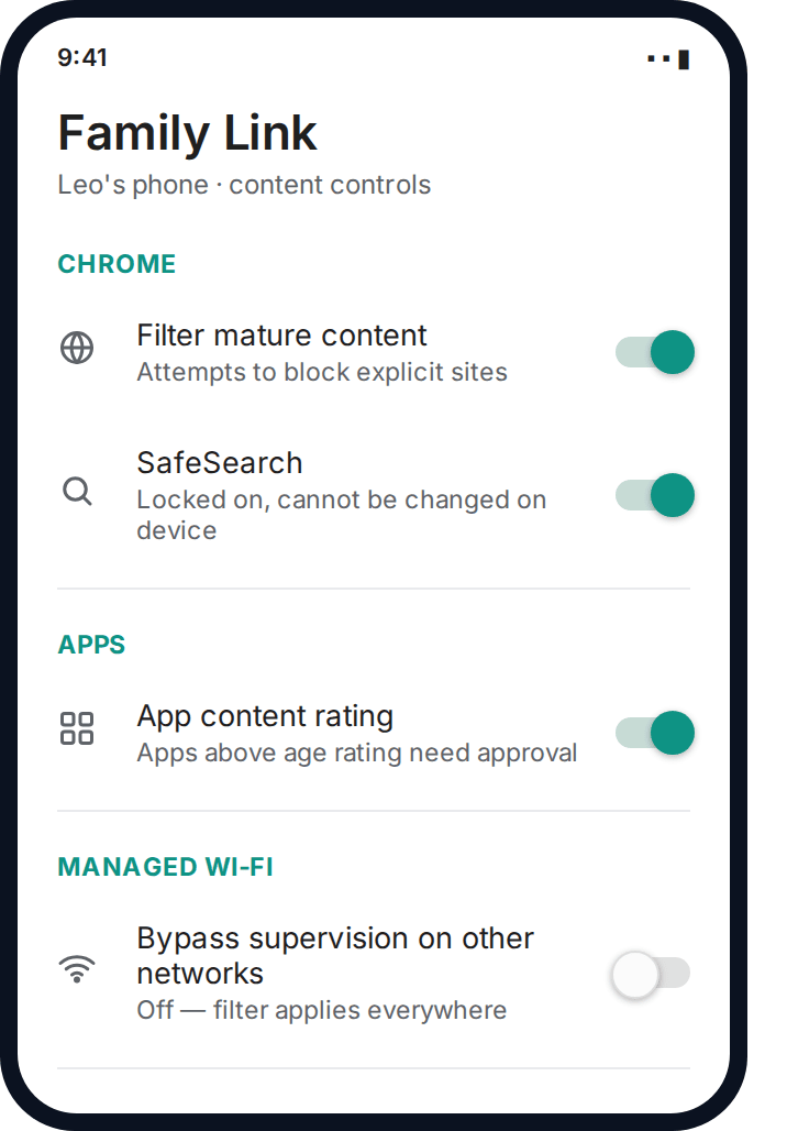 Android Family Link content settings showing Chrome filtering and SafeSearch locked on