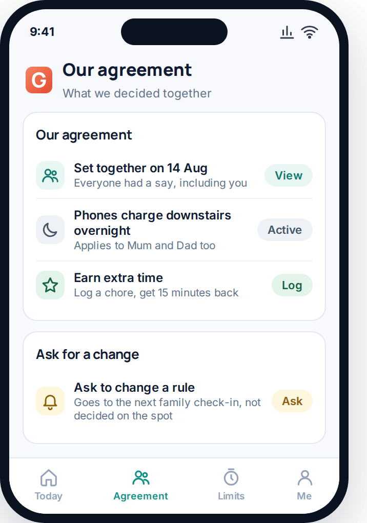 Child app screen showing a family screen time agreement the child helped set