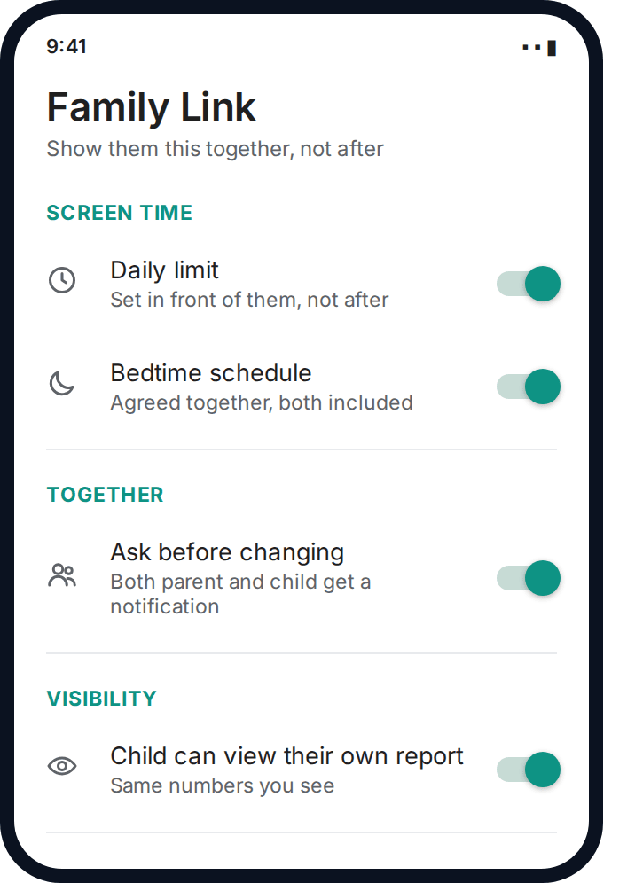 Android Family Link settings shown as a shared screen during a family conversation