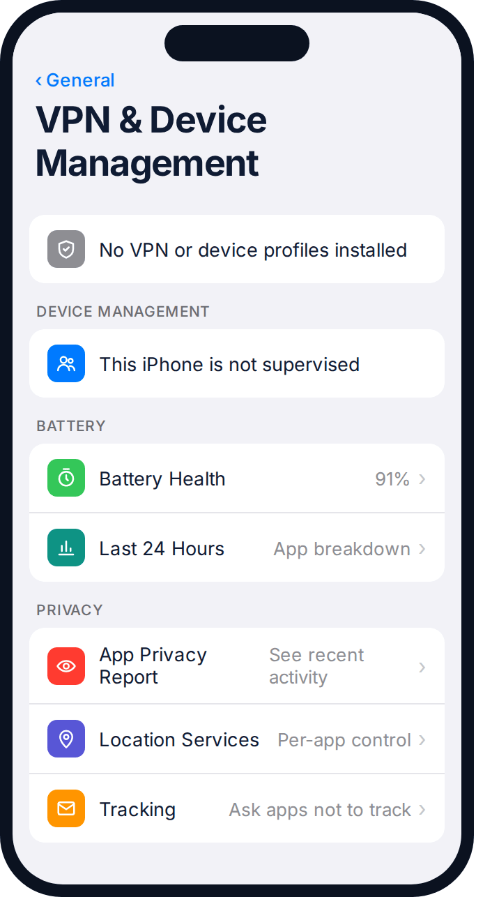 iPhone settings screen showing device management, battery and privacy report entry points