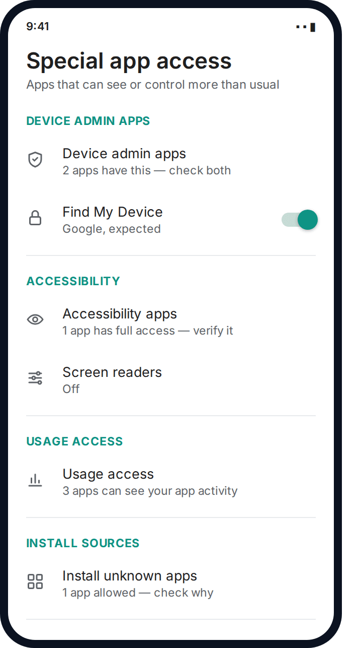 Android settings screen listing device admin, accessibility and usage-access permissions