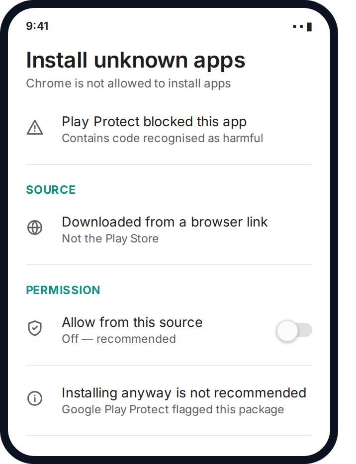 Android warning screen blocking a sideloaded app flagged by Play Protect