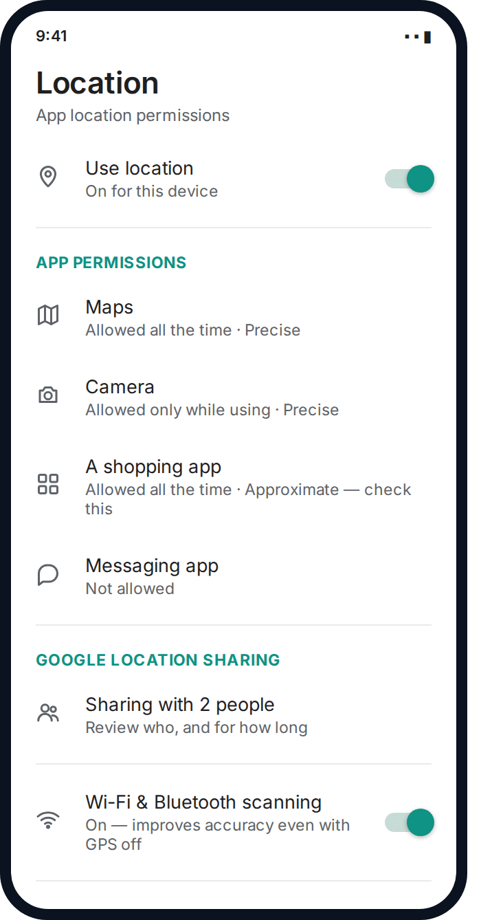 Android settings screen showing per-app location permissions and Google location sharing