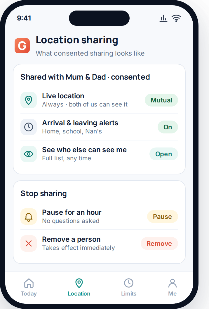 Phone screen showing mutual, visible location sharing with an easy way to pause or remove it