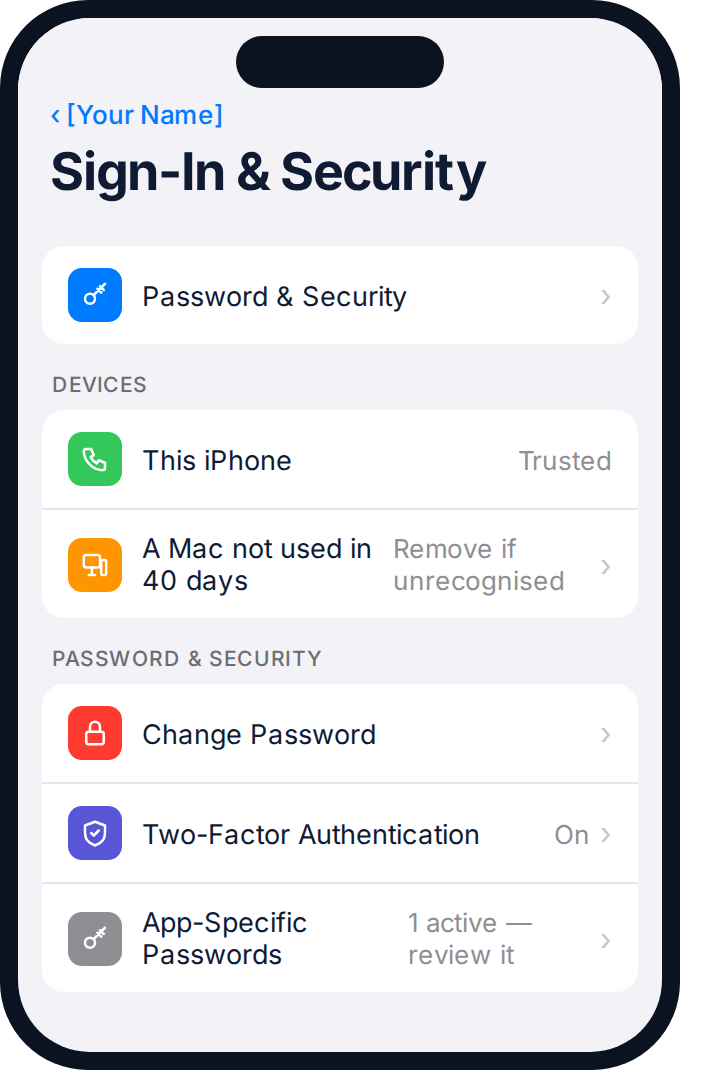 iPhone Sign-In & Security screen showing trusted devices and two-factor authentication