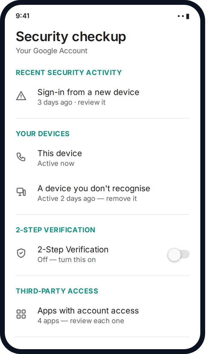 Android Google Account security checkup screen showing devices and connected apps