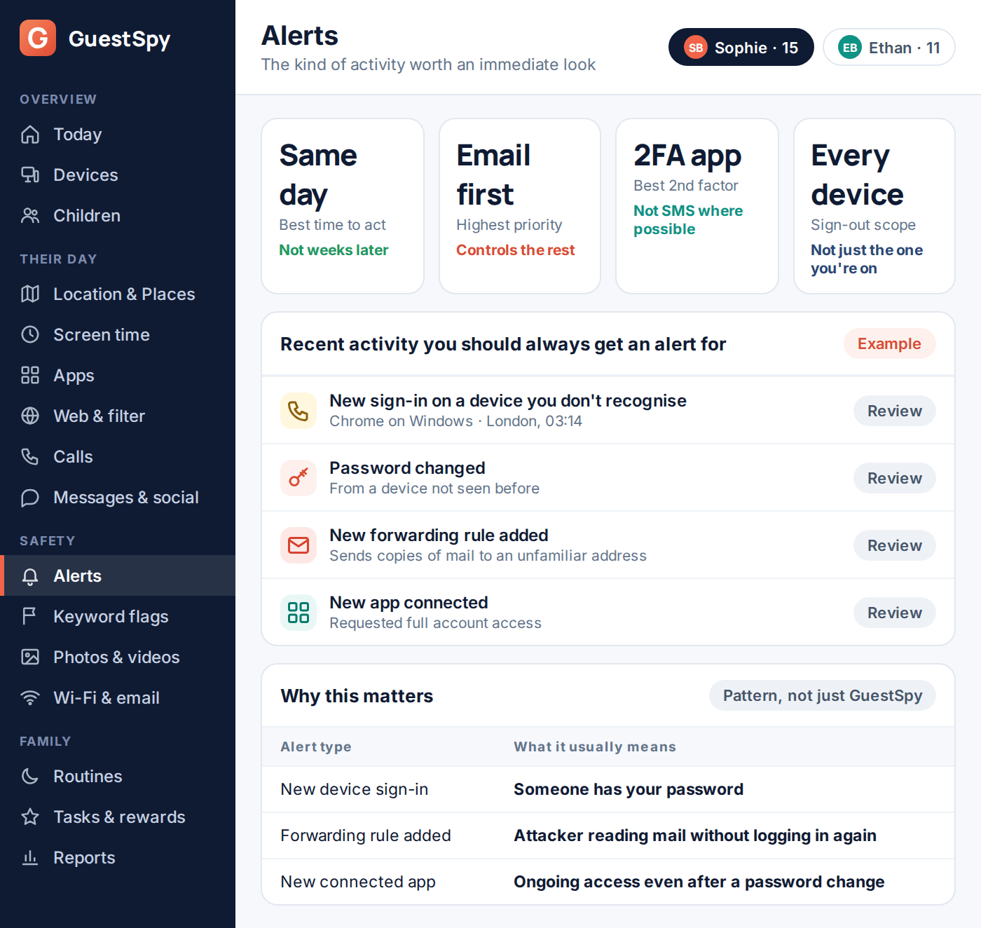 Example alerts dashboard showing the kind of account activity worth reviewing immediately