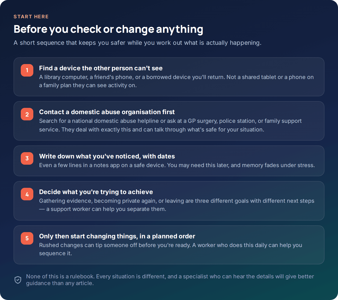 Checklist of safety steps to take before checking or changing anything on your phone