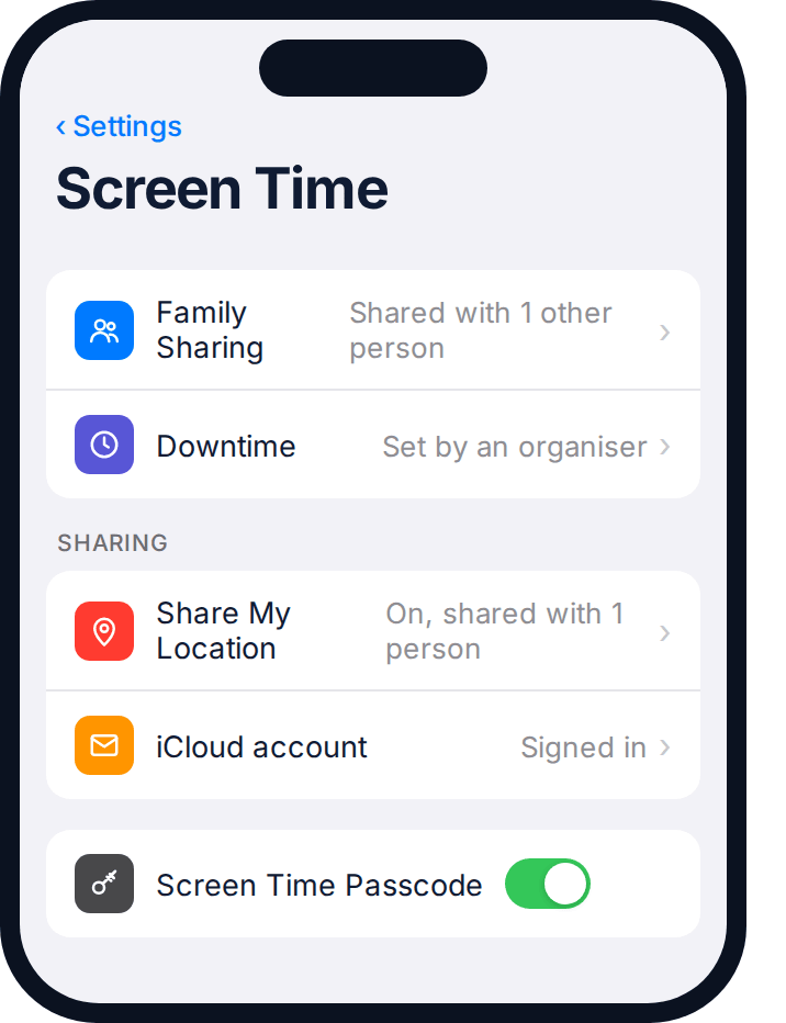 iPhone settings screen showing family sharing, location sharing and a screen time passcode set by someone else