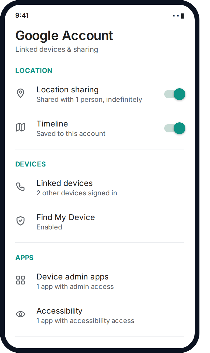 Android account settings showing location sharing, linked devices and apps with admin or accessibility access