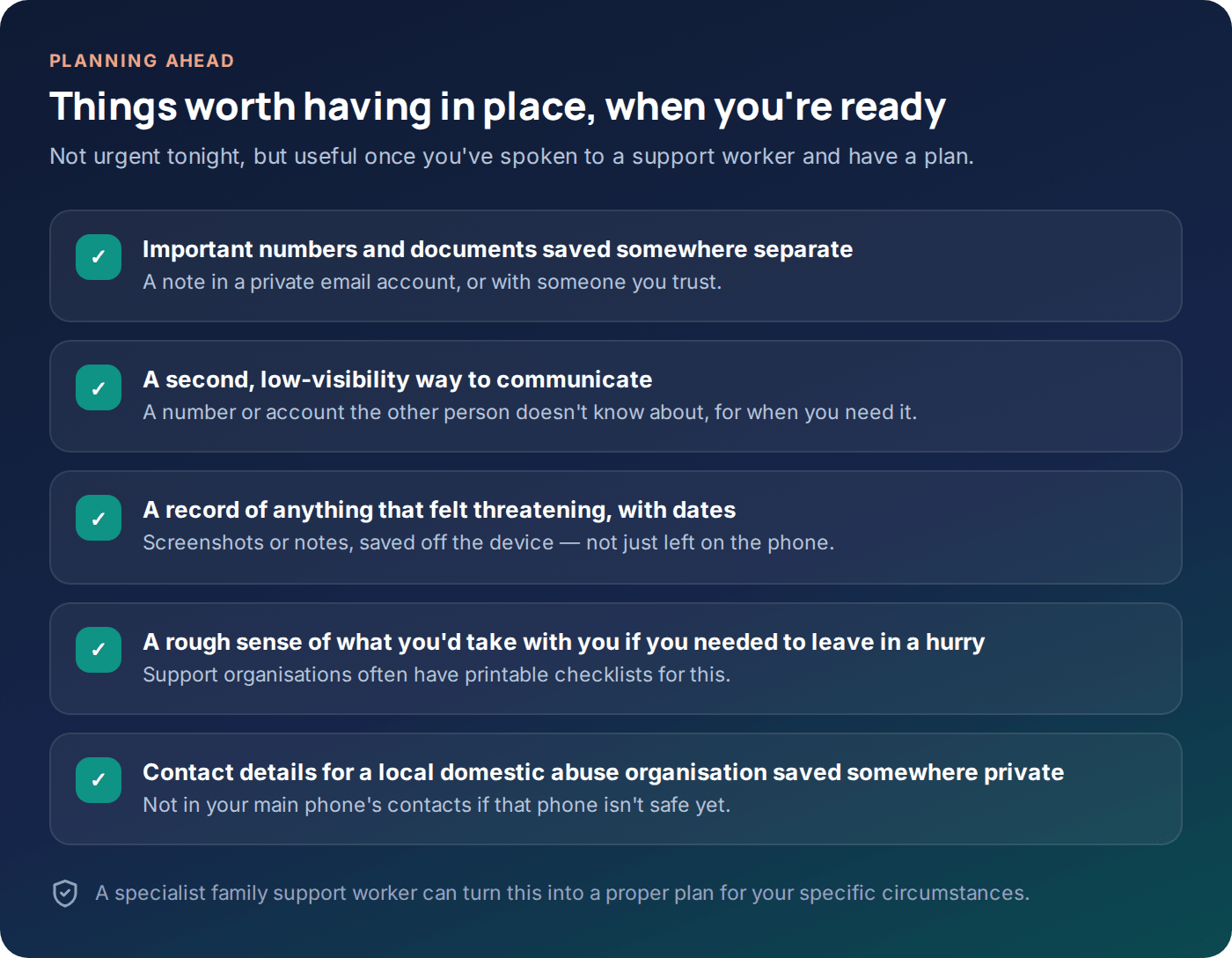 Checklist of things worth having in place once a safety plan is underway