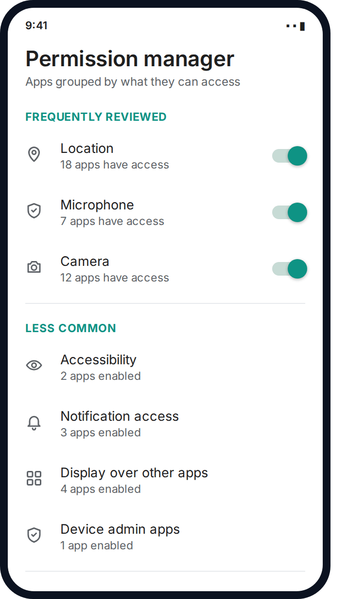 Android permission manager grouped by permission type with app counts