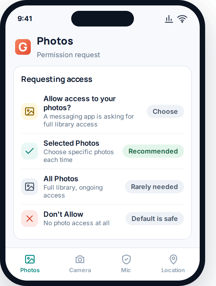 Phone screen showing a photo access permission request with granular options