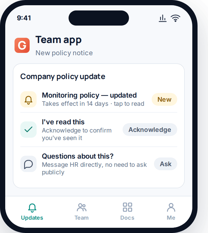 Team app notification showing a monitoring policy update with an acknowledgement option and a route to ask questions