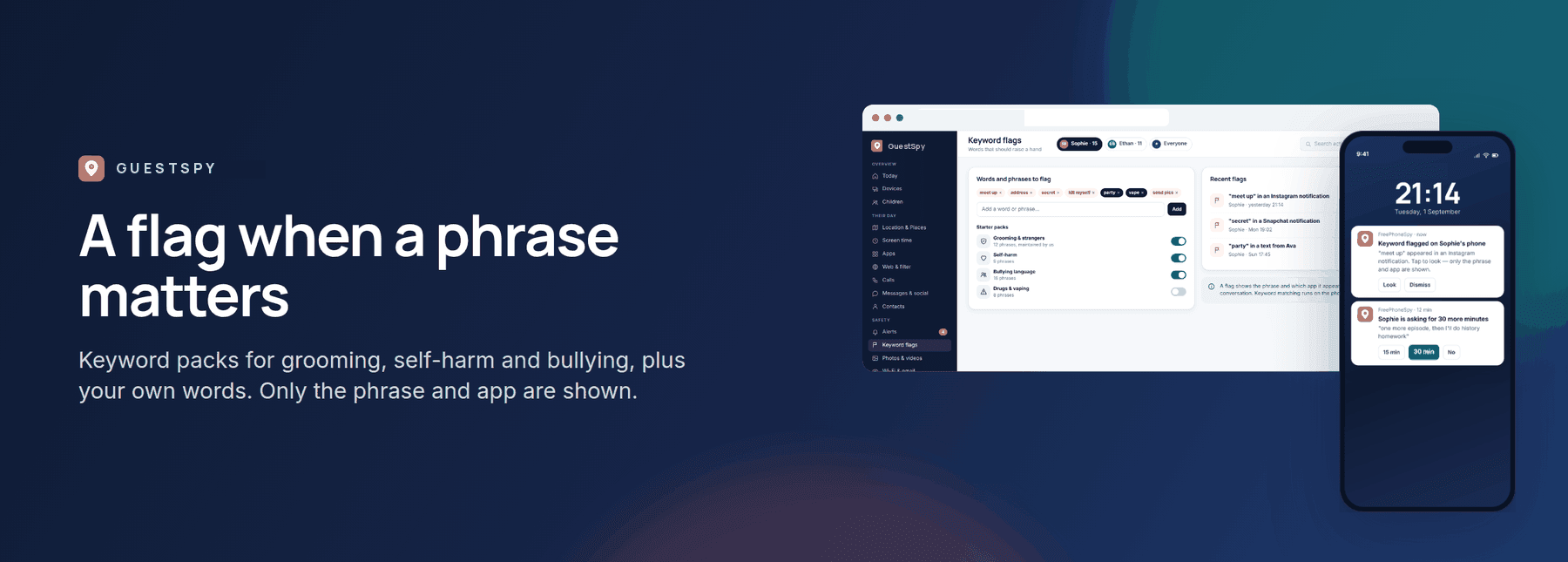 GuestSpy banner: keyword flags and alerts, shown with the web panel and the child app