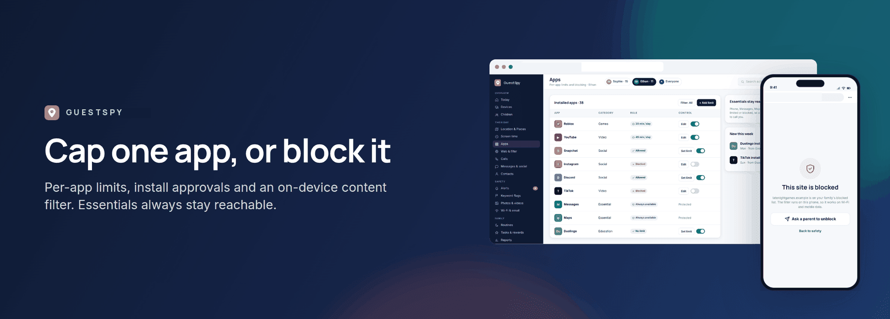 GuestSpy banner: per-app limits, blocking and the content filter, shown with the web panel and the child app