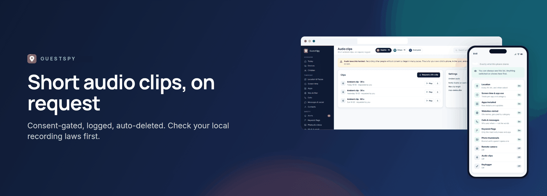 GuestSpy banner: short audio clips on request, shown with the web panel and the child app
