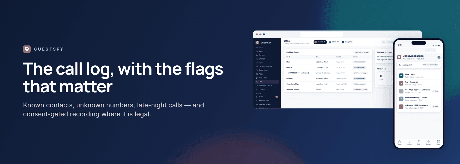 GuestSpy banner: the call log with unknown-number flags, shown with the web panel and the child app