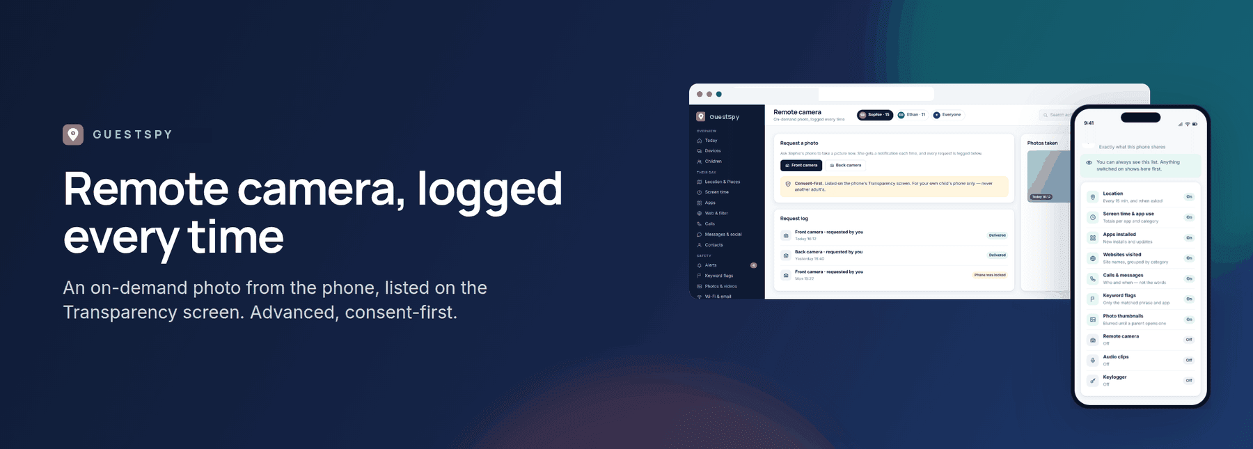 GuestSpy banner: the remote camera, consent-first, shown with the web panel and the child app