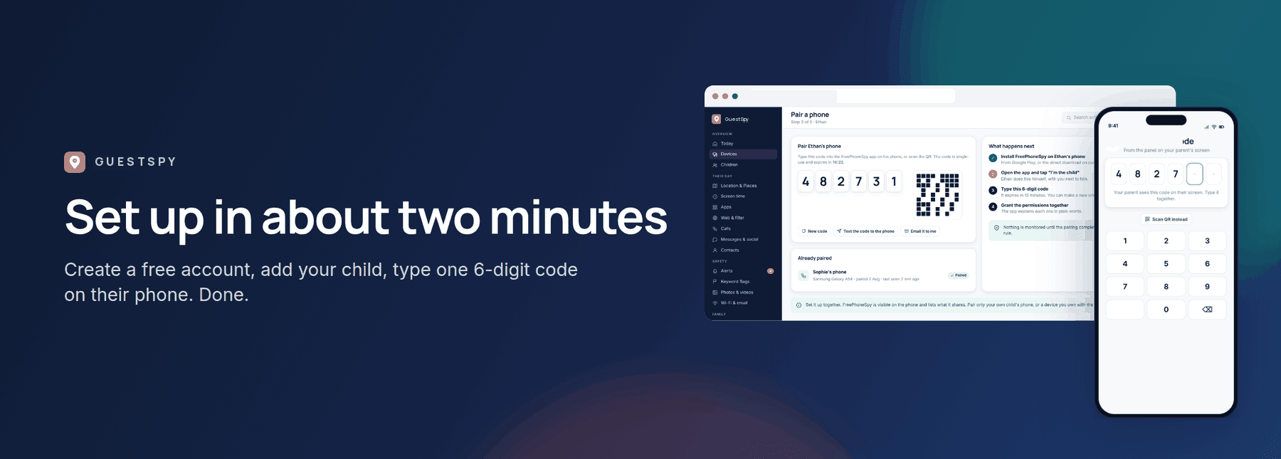 GuestSpy banner: set up in about two minutes, shown with the web panel and the child app