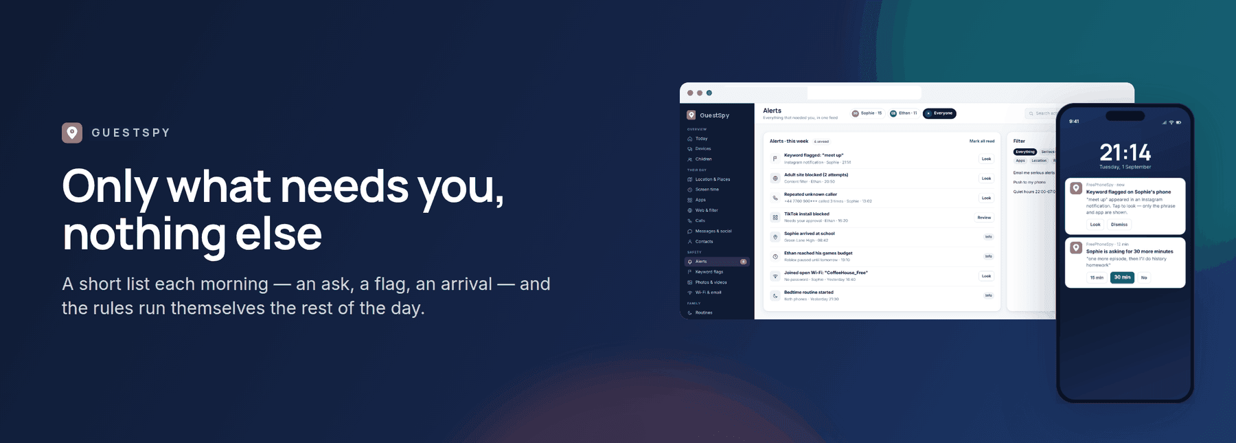 GuestSpy banner: the whole family in one calm panel, shown with the web panel and the child app