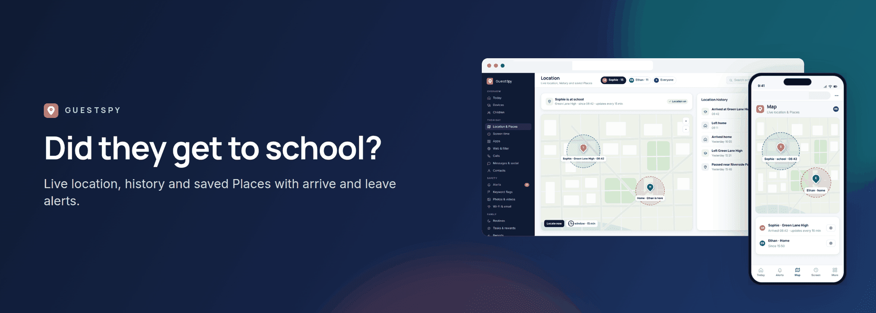 GuestSpy banner: location and Places, shown with the web panel and the child app